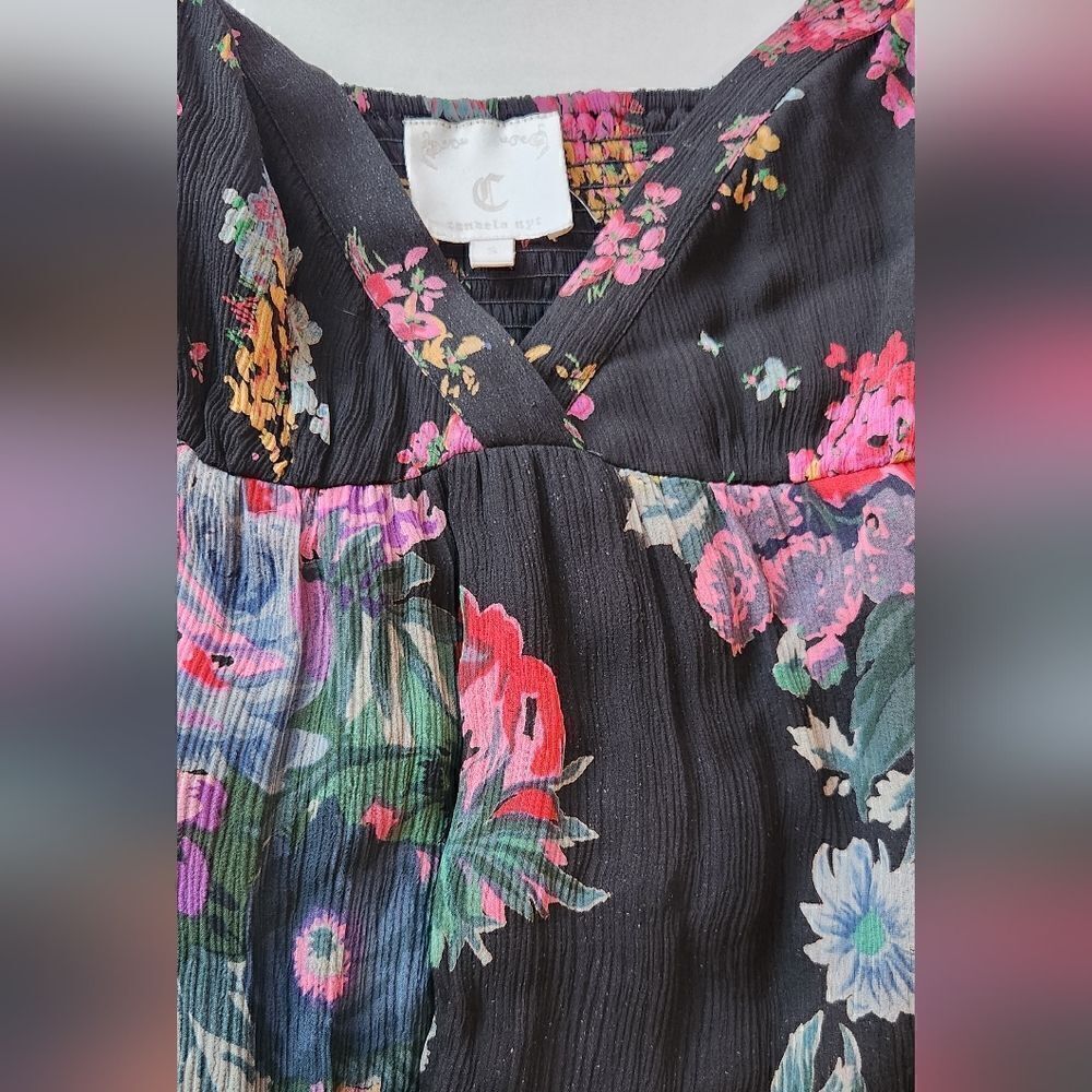 Candela NYC Black Floral Tiered Silk Dress Size Small - Picture 9 of 11